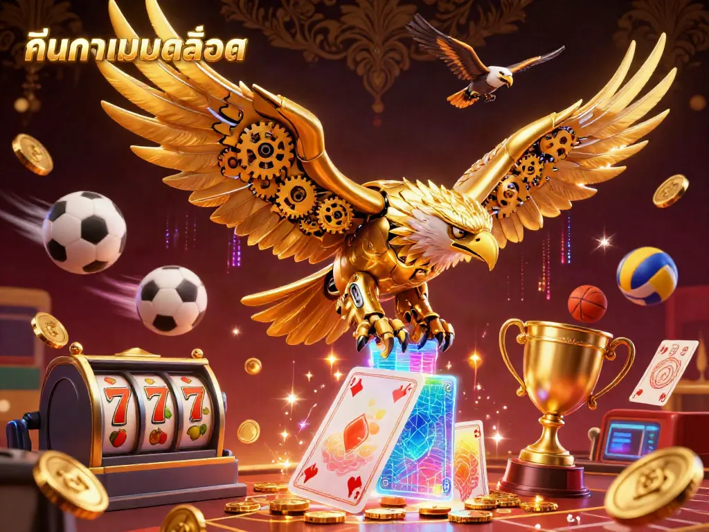 Engage in exciting gameplay with ค้นหาเกมสล็อต showcasing a cybernetic golden eagle diving through holographic cards amidst dynamic casino elements.