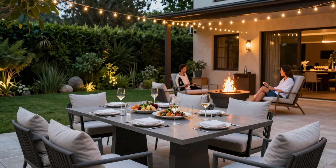 Luxury patio furniture elegantly set for an evening gathering.