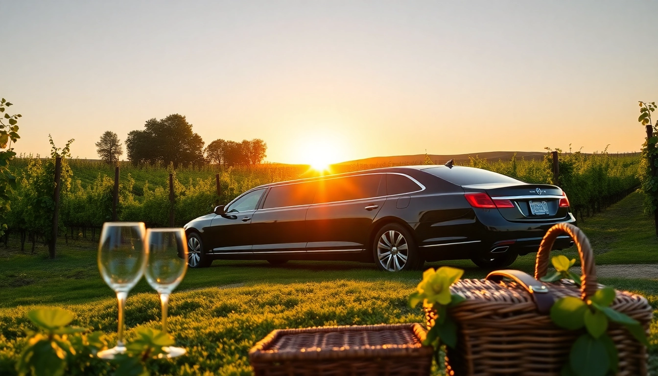Experience limo wine tasting tours in a luxurious setting with a scenic vineyard backdrop.