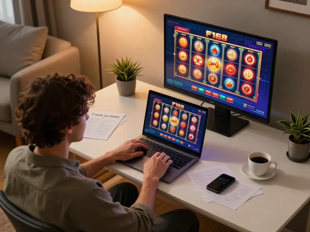 Player engaged at F168 online casino, highlighting dynamic slots gameplay in cozy home setting