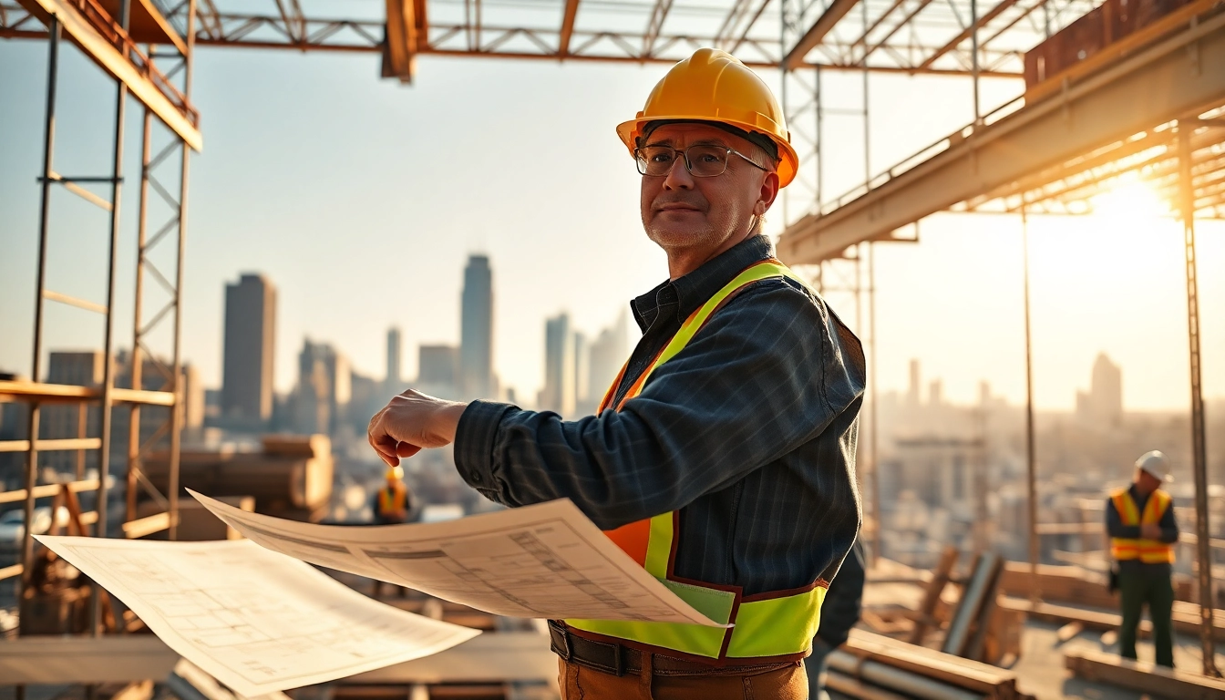 New York General Contractor supervising a busy construction site in New York's skyline.