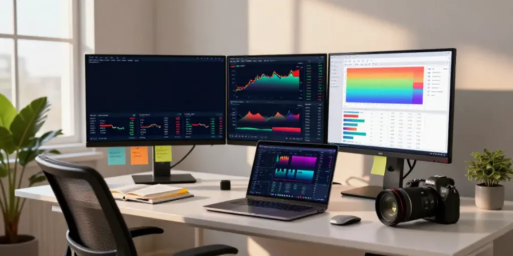 Trader analyzing TradingView charts in a modern home office setup.