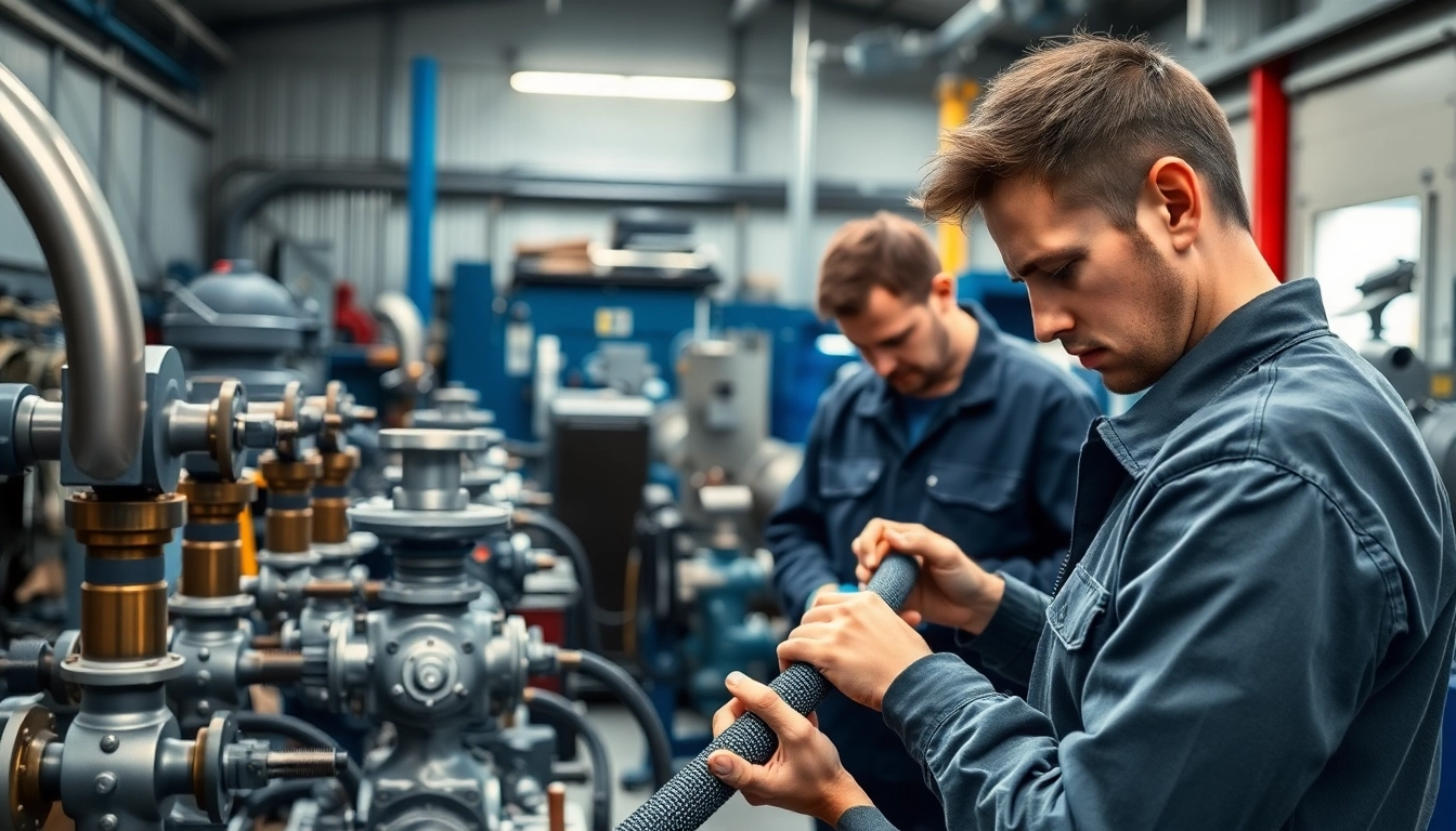 Technician providing mobile hydraulic services while repairing hydraulic hoses.
