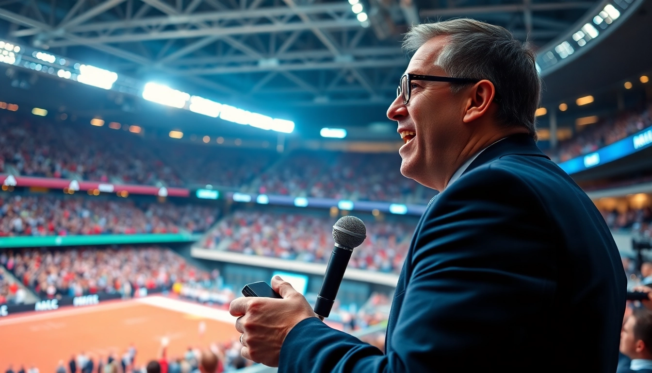 Dynamic sports broadcasting scene showcasing a passionate commentator and attentive audience.