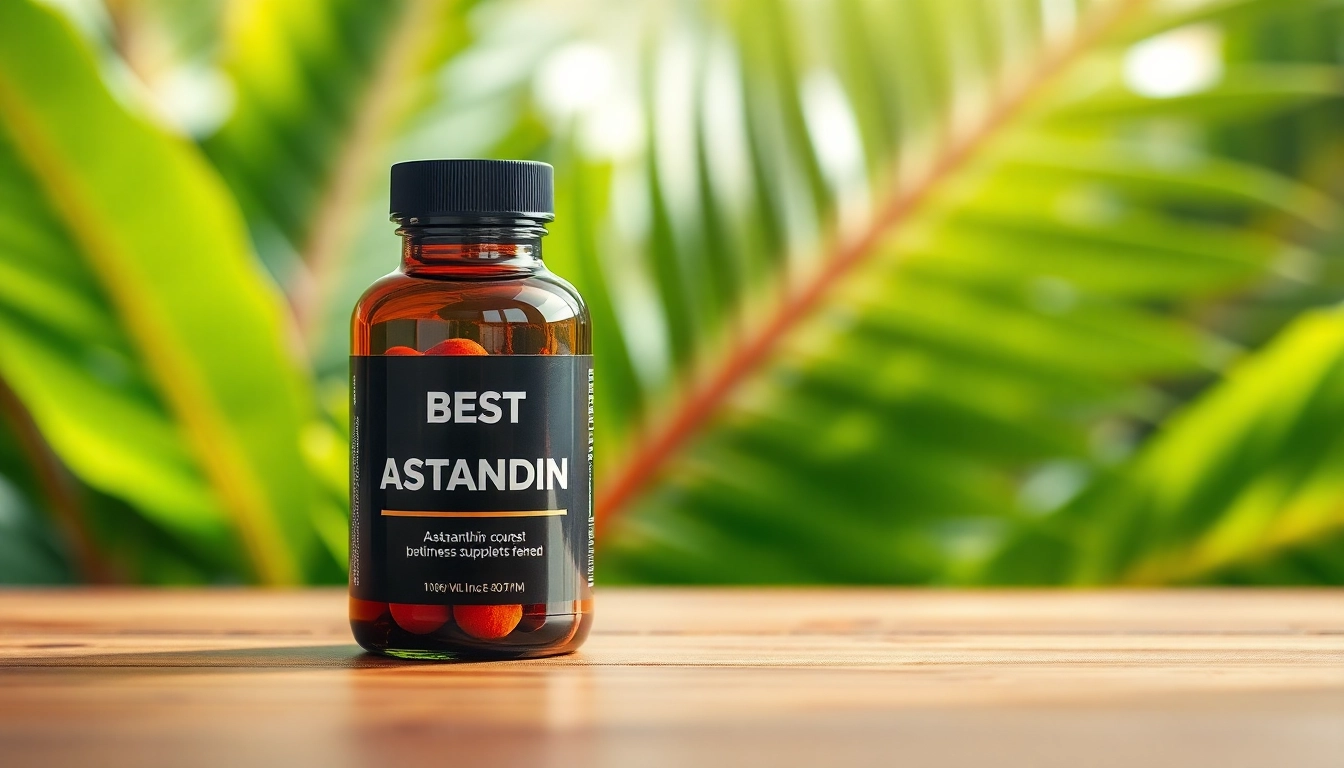 Showcasing the best astaxanthin supplement bottle against vibrant green tropical leaves, representing health.