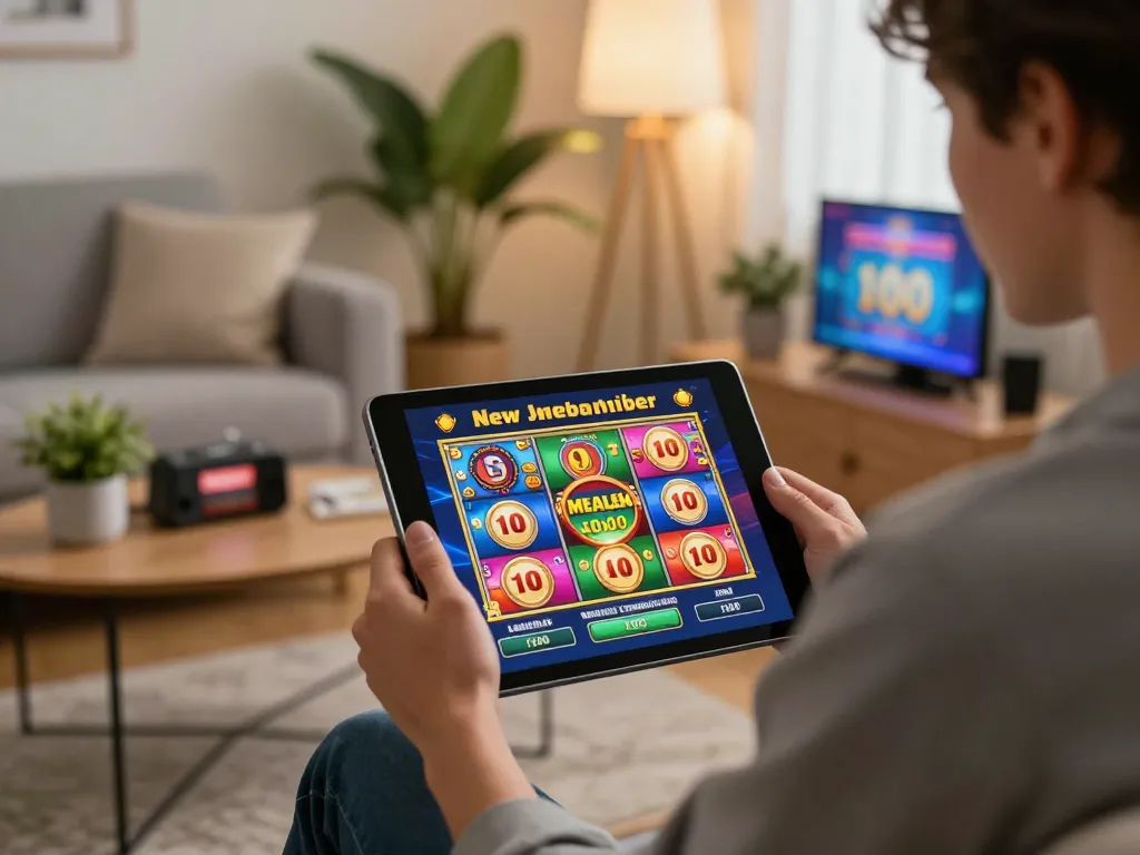 Enjoy thrilling gameplay with the slot bonus new member 100 on a tablet in a cozy home setting.