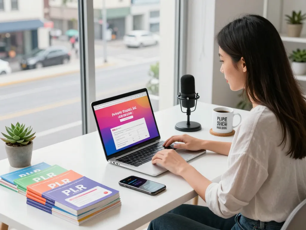 Purchase PLR Content in a modern workspace with entrepreneur reviewing digital products.