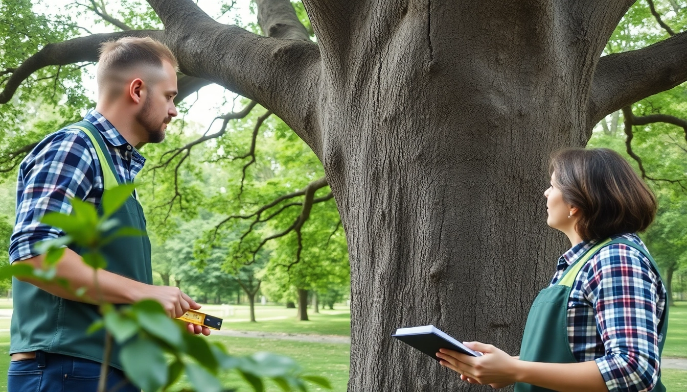 Tree Consultancy experts evaluating an oak in an urban park setting with professional tools.
