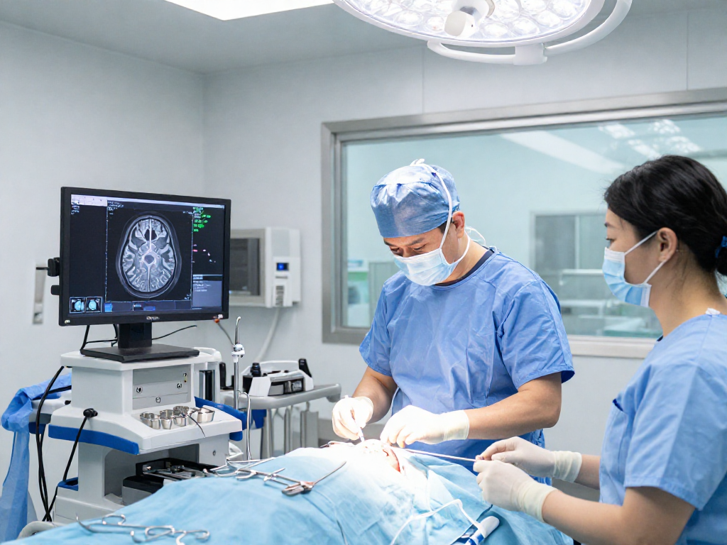 During a beyin tümörü ameliyatı, a neurosurgeon performs surgery with advanced imaging technology in a sterile operating room.