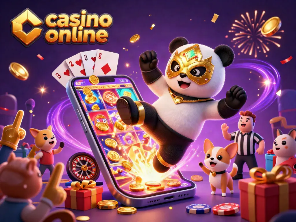 El casino online presenta un emocionante combate con un panda luchador y un árbitro chihuahua rodeados de decoraciones festivas.