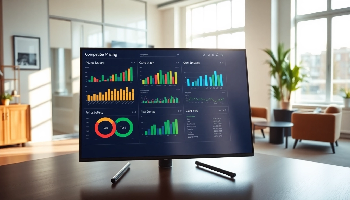Analyze competitor pricing strategies through a vibrant business dashboard in an office.