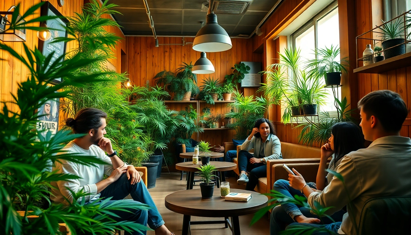 Les membres interagissent dans le Club Cannabis Madrid, créant une ambiance conviviale.