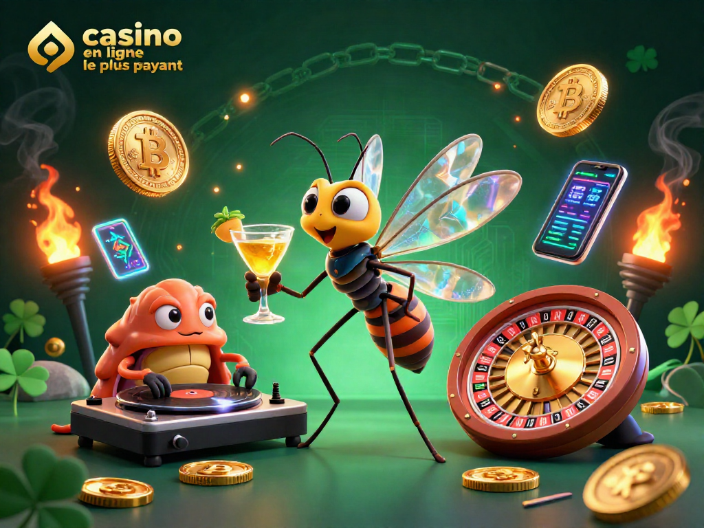 Illustration dynamique du casino en ligne le plus payant avec des personnages de casino, pièces de crypto et ambiance festive.