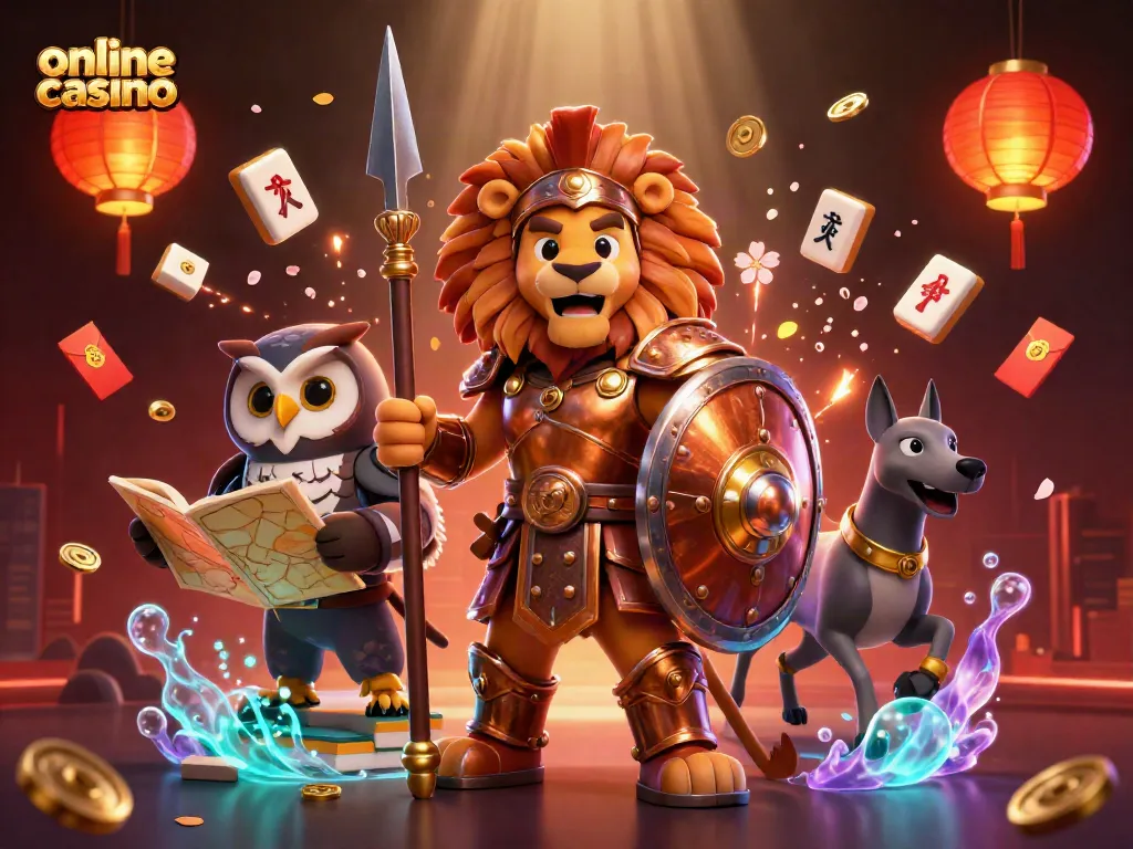 Disfruta de un emocionante juego en un casino online con la ilustración de un león espartano y elementos de juego.