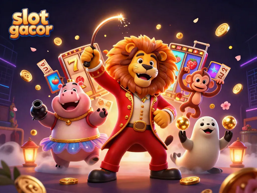 Slot gacor dengan mesin slot berkilau dan karakter kartun menghibur dalam adegan ceria.