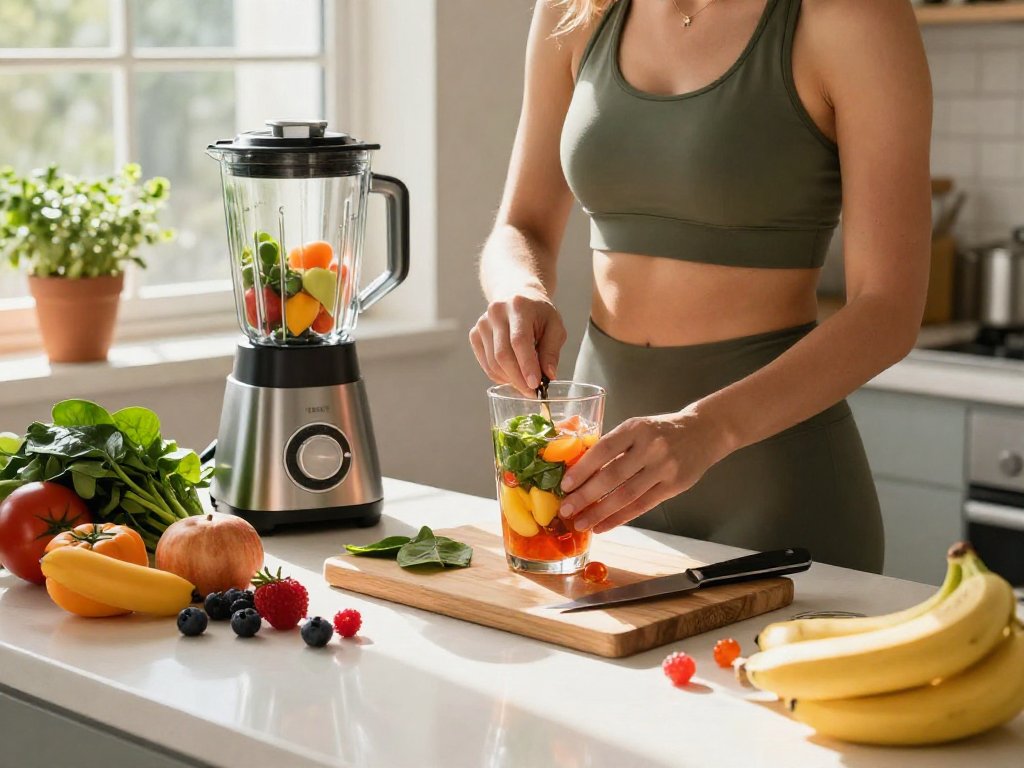 Preparing nutritious smoothie with astaxanthin softgels in healthy kitchen.