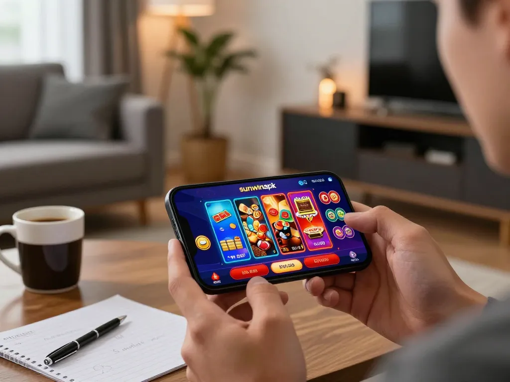Engaging with sunwinapk gaming app on smartphone from a cozy home environment.
