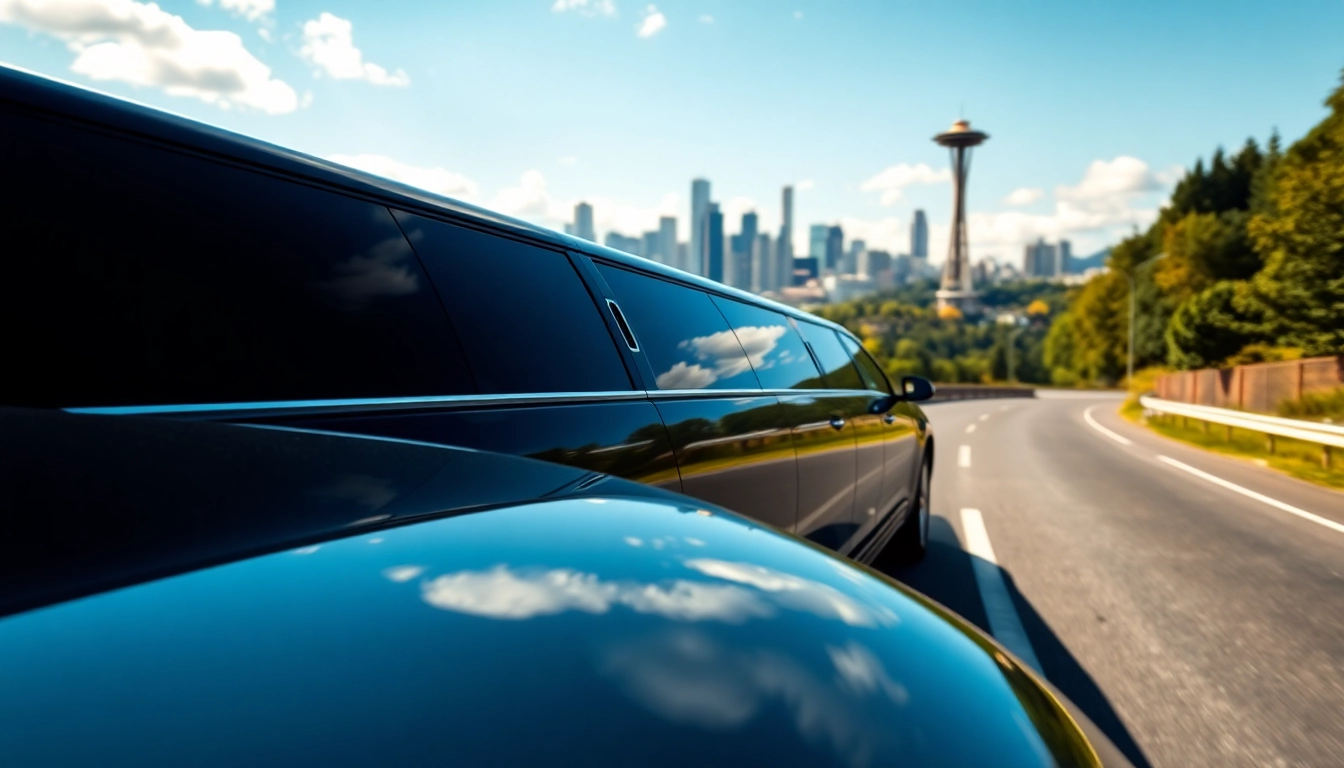 A stylish vancouver to seattle limo cruising through stunning landscapes with Seattle skyline in the background.