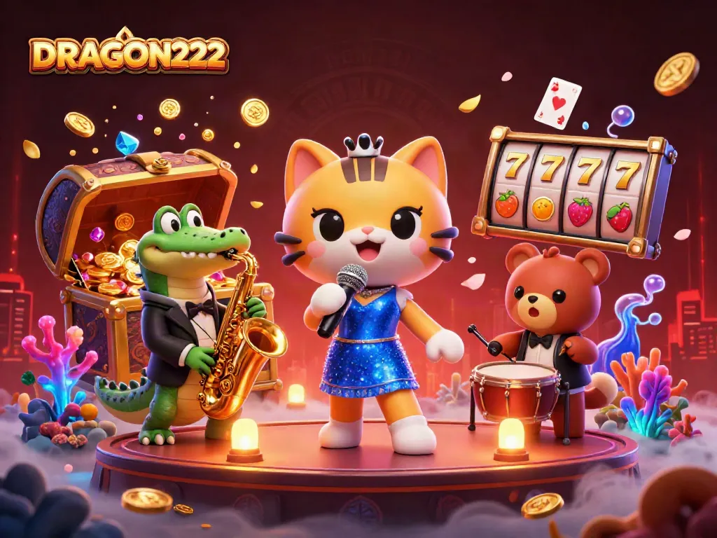 Experience the vibrant world of DRAGON222 as characters engage in thrilling casino action surrounded by sparkling treasures.