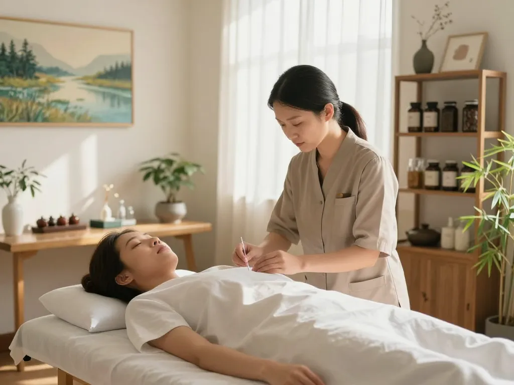 Acupuncture treatment at a 수원한의원 clinic emphasizing relaxation and wellness.