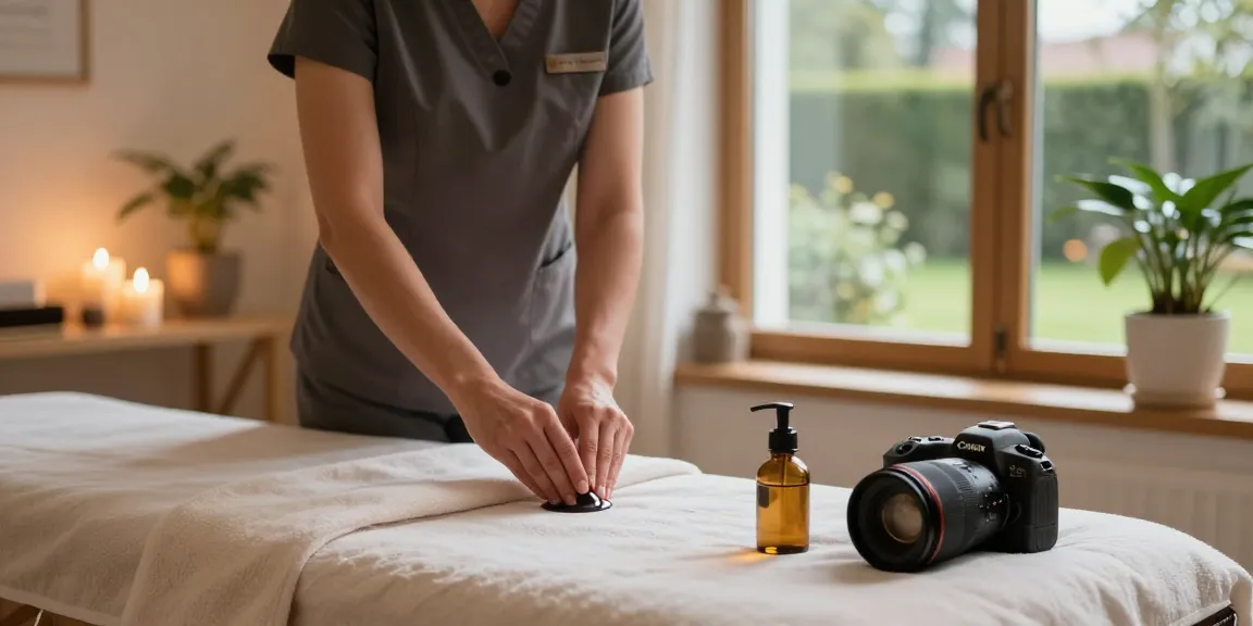 Relaxing Swedish massage experience at makangs.com, showcasing a serene studio with a professional therapist preparing soothing oils.