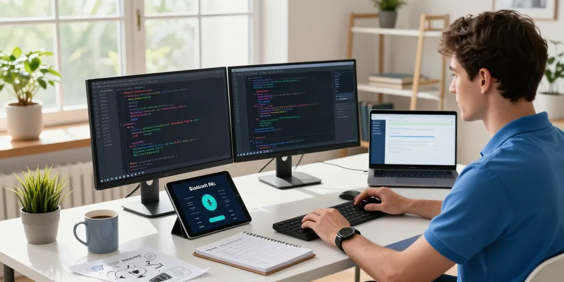 Kotlin app development training in a vibrant workspace with a developer coding on dual monitors and utilizing design tools.