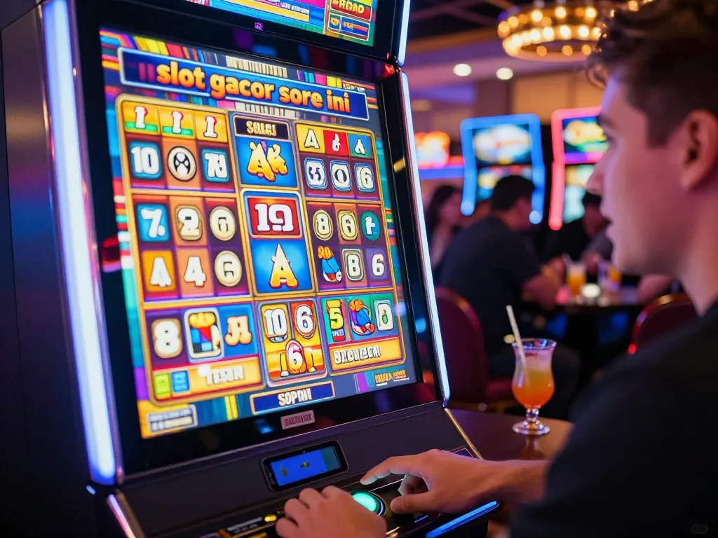 Exciting moment of pressing the spin button on a "slot gacor sore ini" machine, colors ablaze in vibrant casino.