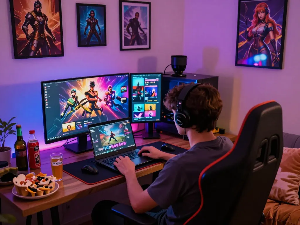 Engaging scene of a user playing a real porn game on a laptop, vibrant graphics and cozy gaming setup creating an inviting atmosphere.