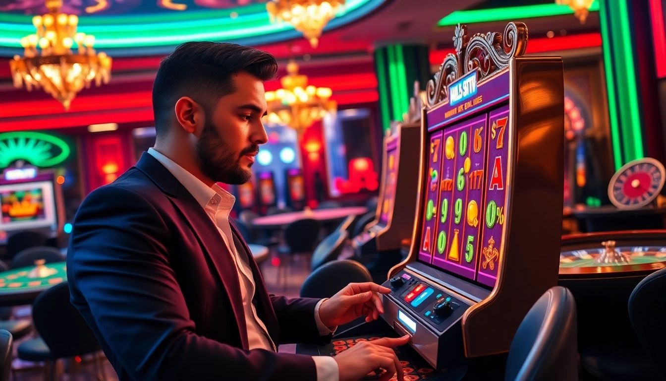 Engaging player at a high RTP Pragmatic Play slot machine in a luxurious casino setting.