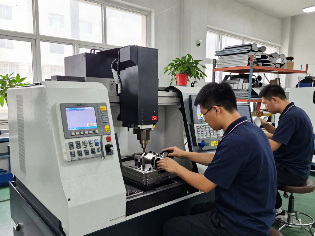 Precision CNC machining supplier showcasing expert machinists operating high-tech machinery in a vibrant workshop.