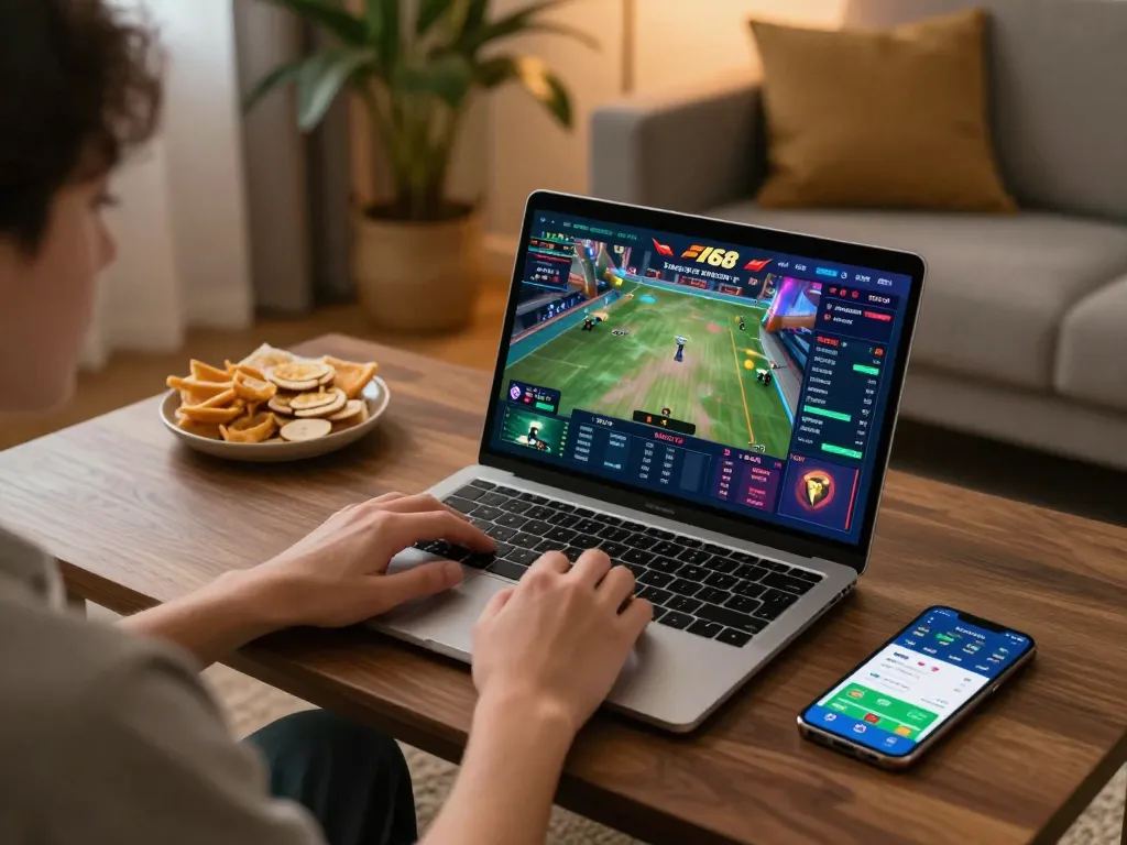 Betting live on F168's innovative platform with a laptop showing vibrant sports graphics.