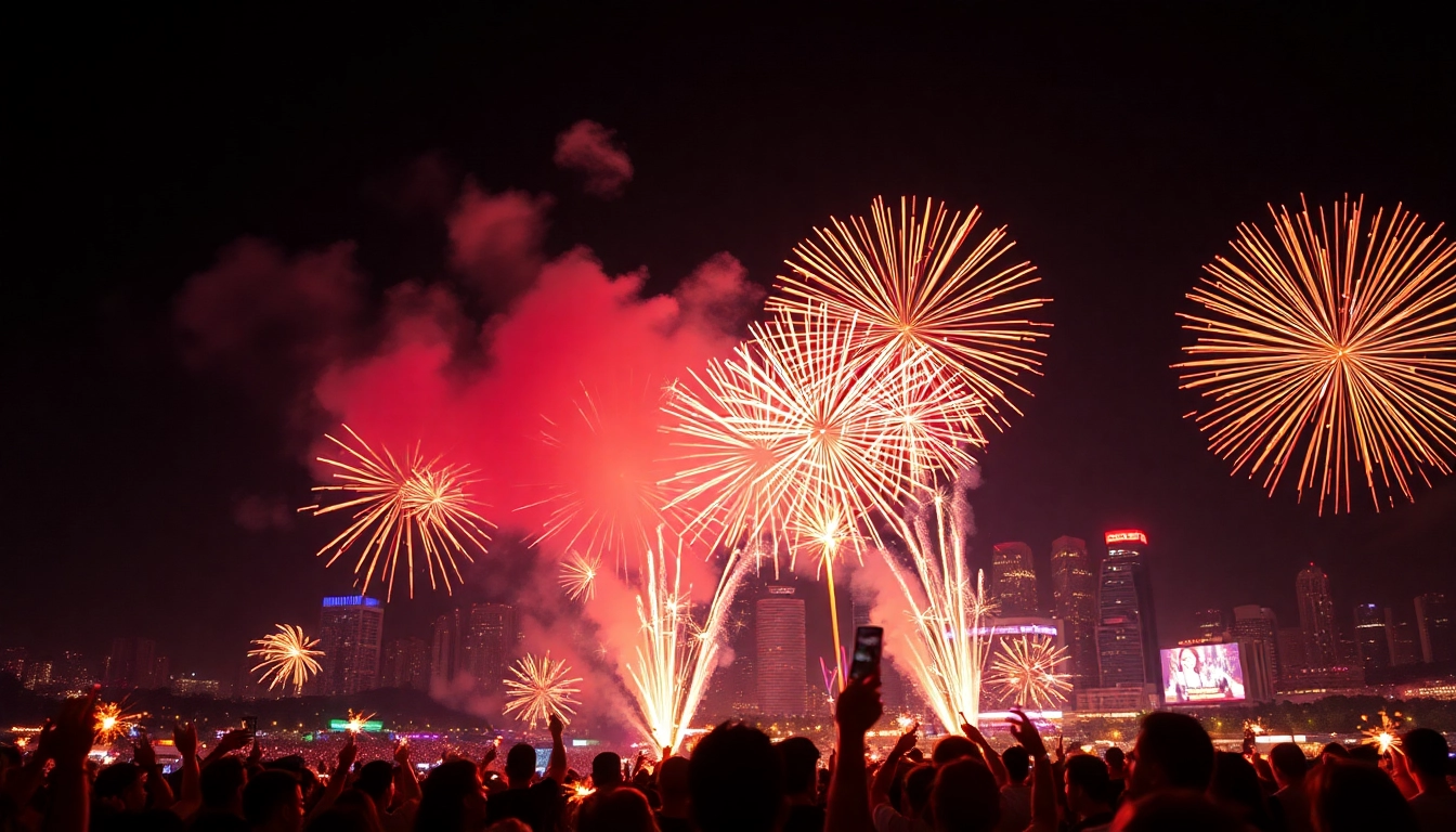 Viewing cheap fireworks near me illuminating the night sky at a festive city event.