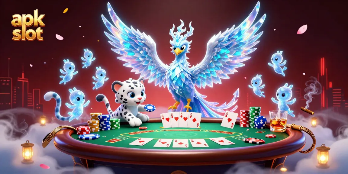 Engage with apk slot in this vibrant casino scene featuring a phoenix, leopard, and poker elements.