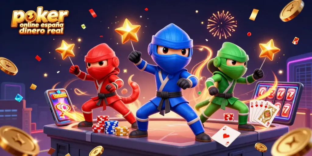 Póker online España dinero real: Chicos de camaleón ninja en acción en un escenario de juego vibrante.