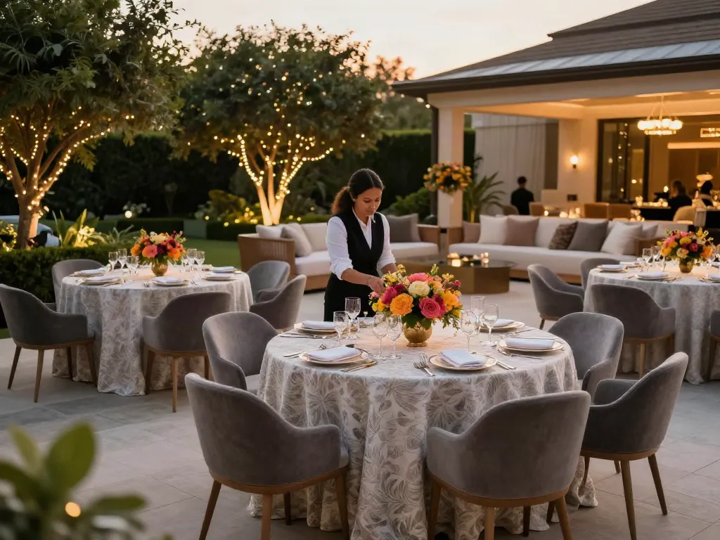 Event furniture rental setup for a luxury corporate gathering with elegant tables and decor in a warm outdoor setting.