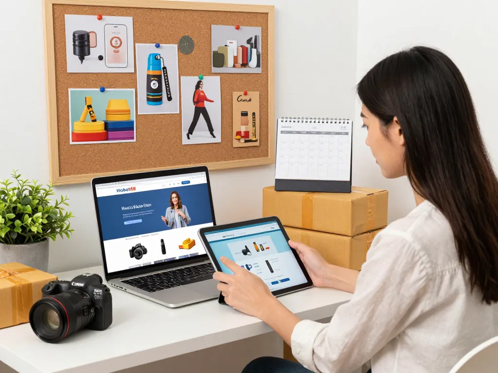 Engaging scene of a woman exploring Link Hubet88 on a tablet, showcasing vibrant e-commerce atmosphere.
