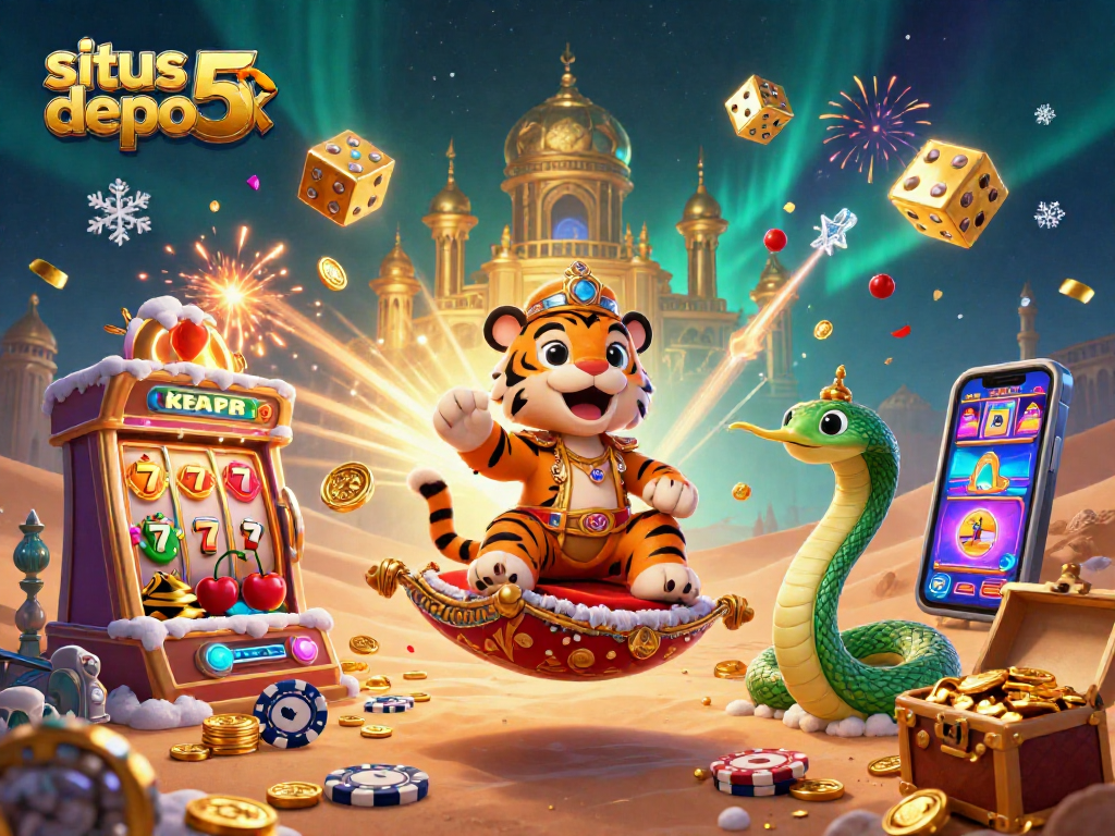 Engage in innovative gambling with situs depo 5k, featuring a dynamic casino scene and a jackpot explosion.