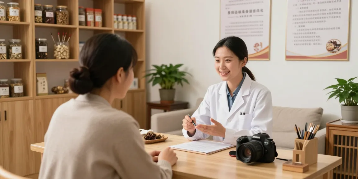 Consultation at 수원한의원 with a friendly practitioner amidst herbal remedies and a warm atmosphere.