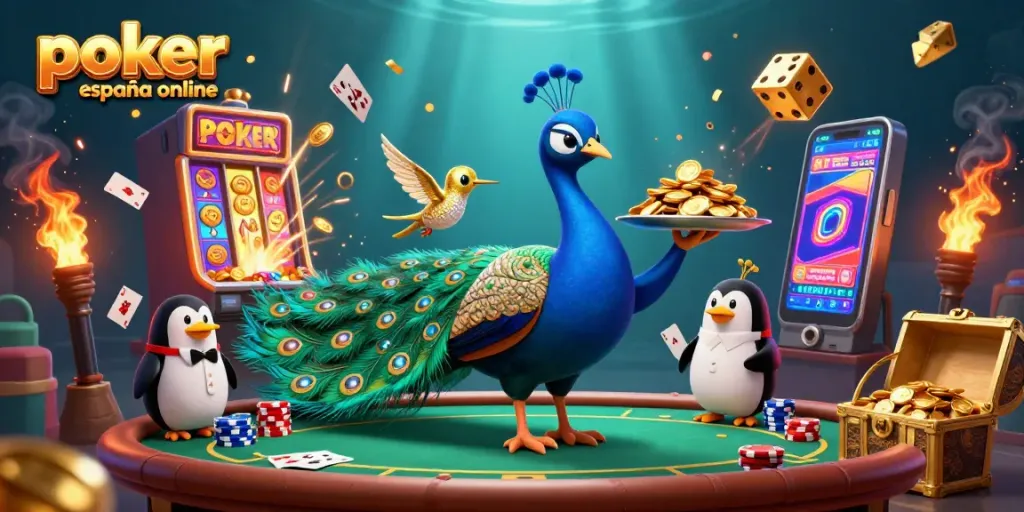 Disfruta del póker en España online con esta colorida ilustración 3D llena de acción y emoción.