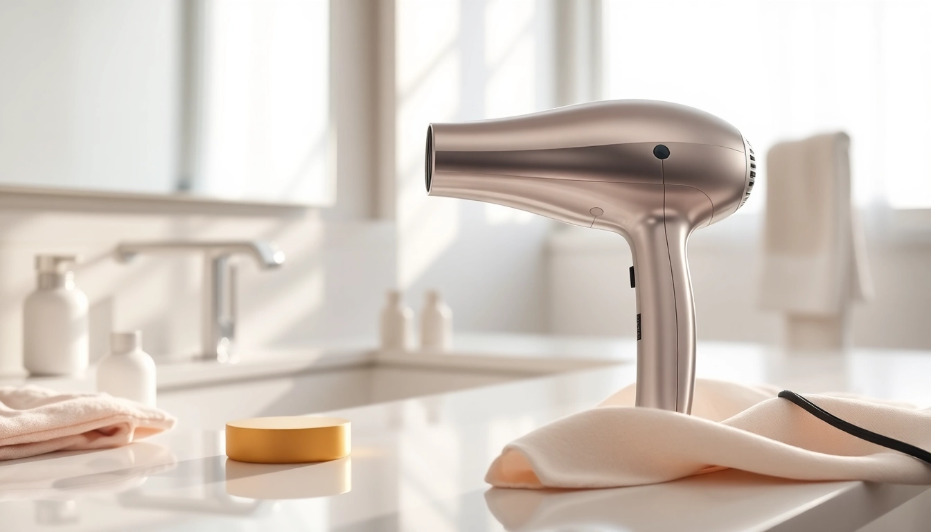 Enhance styling with a sleek ionic hair dryer on a bathroom countertop.