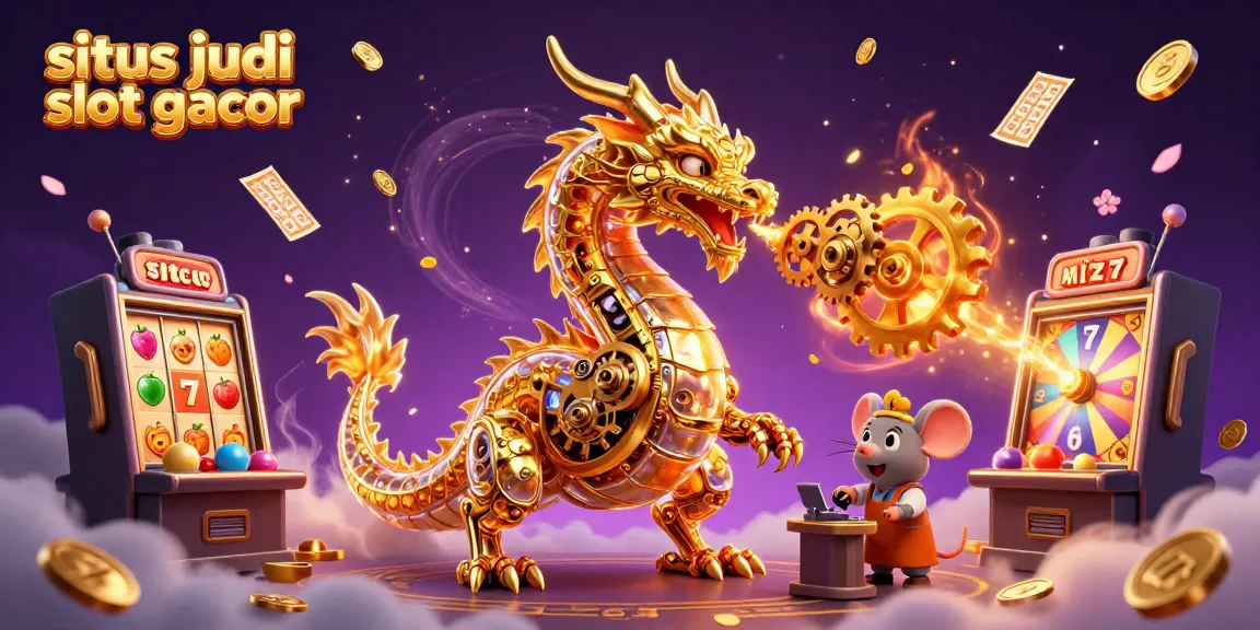 Experience the vibrant world of situs judi slot gacor with a dynamic illustration of a golden dragon, slot reels, and prizes raining down.