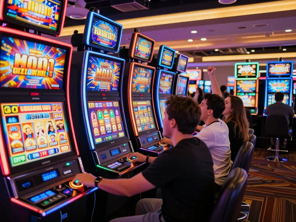 Exciting experience of players engaging with slot bet 100 machines in a vibrant casino environment.