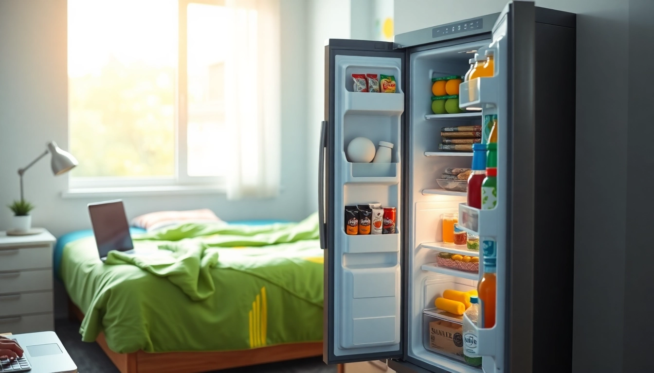 Stylish dorm room fridge filled with snacks, creating a welcoming student environment.