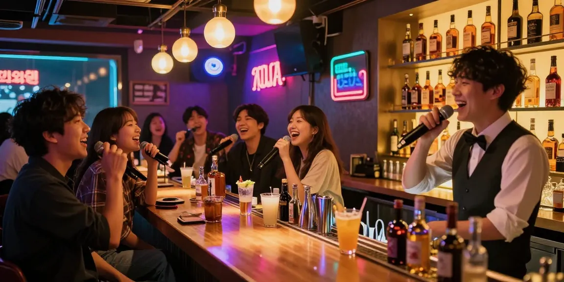 Exciting 제주도 유흥 nightlife in a lively karaoke bar with friends enjoying drinks and vibrant neon lights.