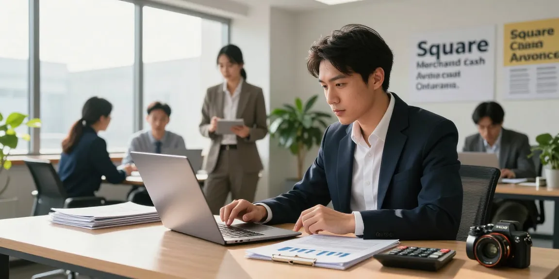 Business analysis of Square merchant cash advance in a modern office environment.