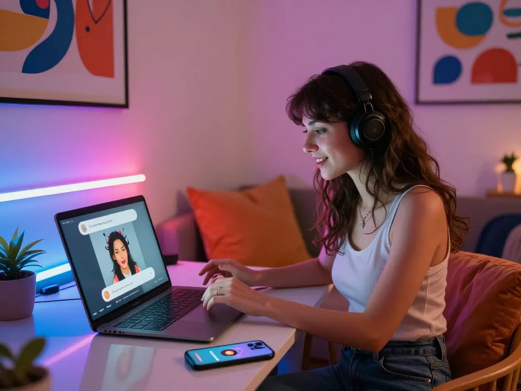 Engaging AI chat porn scene with a woman interacting with a character on her laptop in a cozy digital lounge.