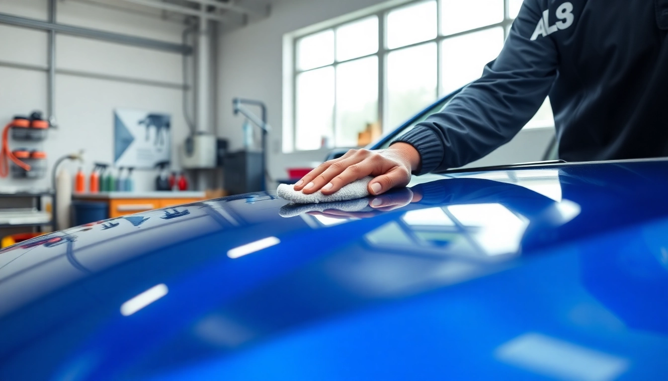 Expert car detailing near me on a sleek blue vehicle in a bright workshop setting.