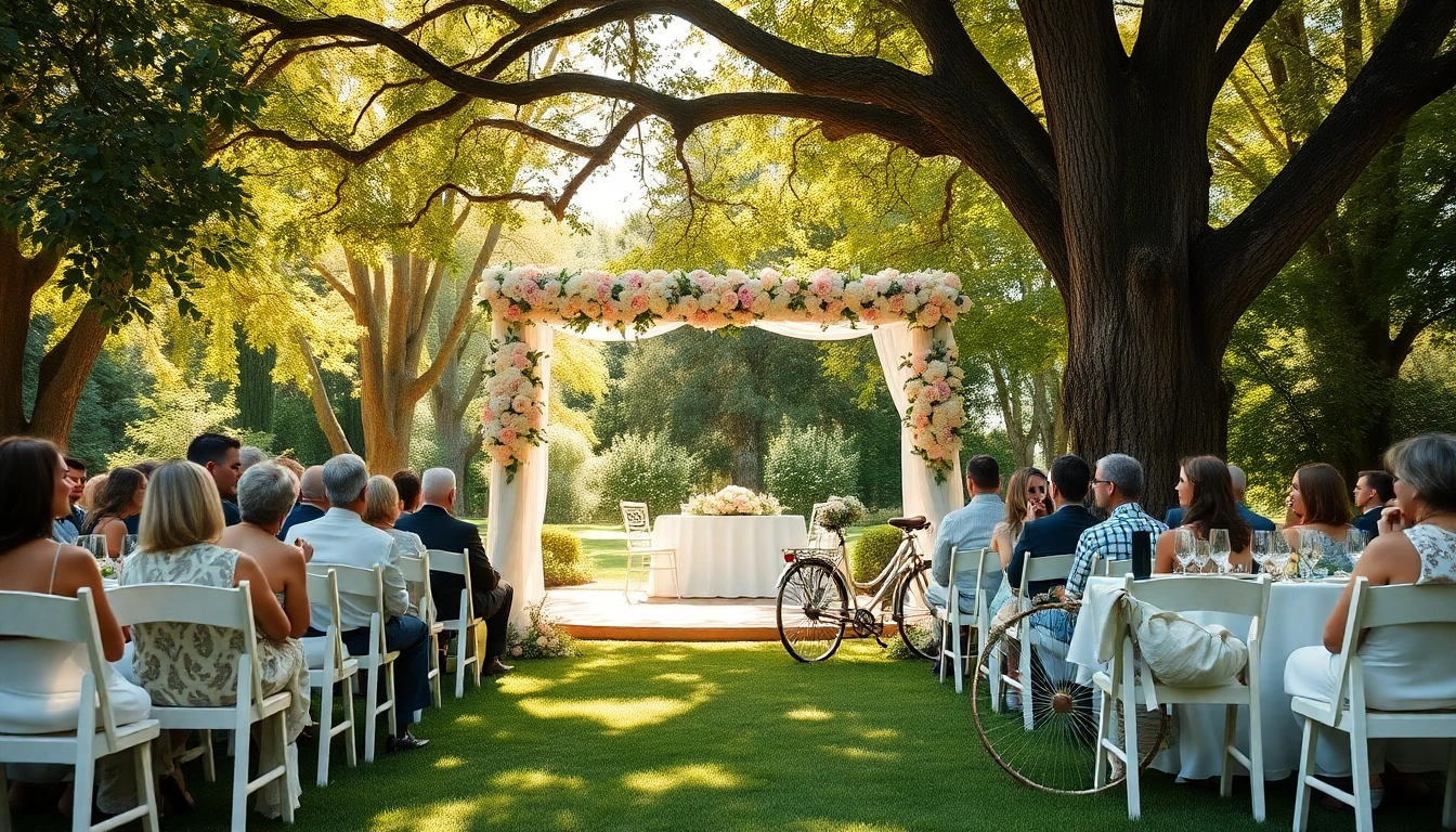 Beautiful outdoor Weddings Venue featuring a floral arch and elegant decorations.
