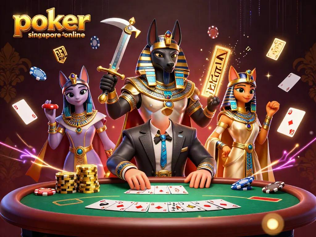 Play poker singapore online at an energetic table surrounded by vibrant casino elements.