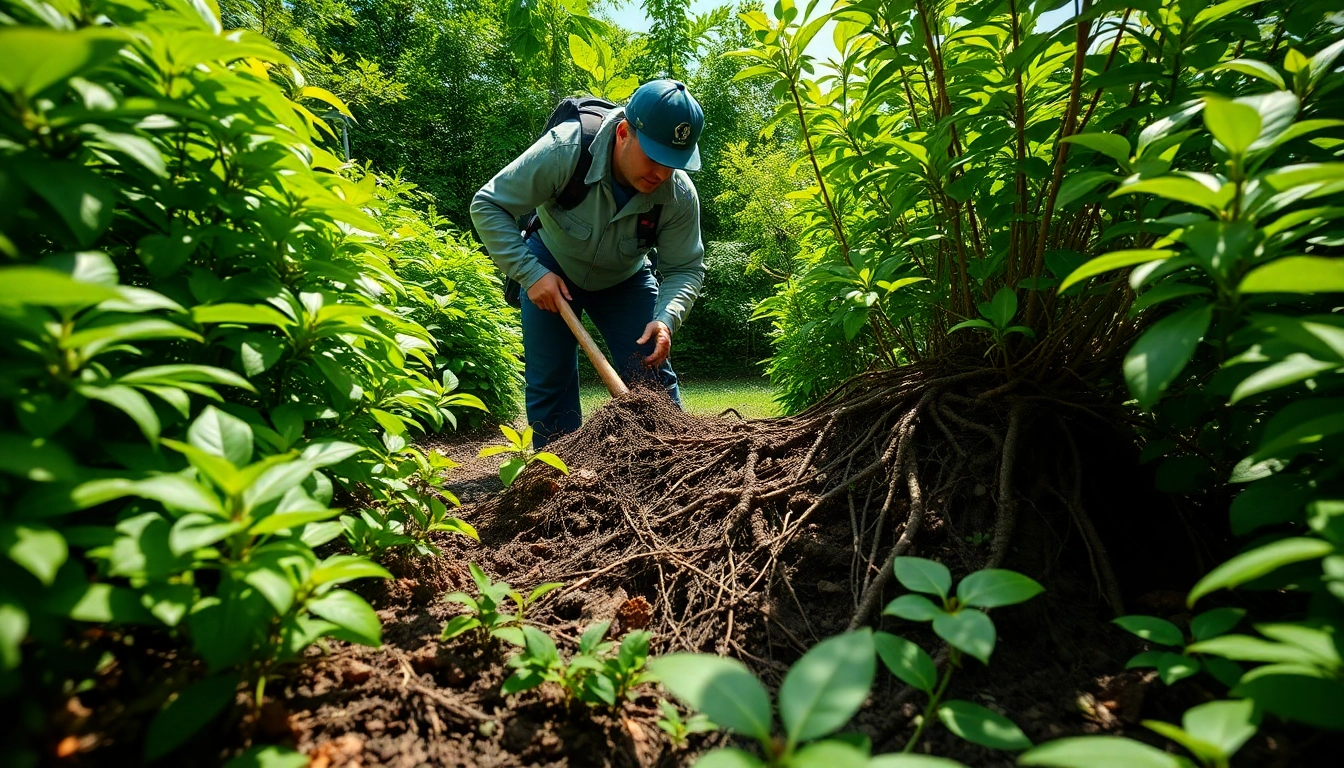 Efficient Japanese Knotweed Removal process with trained professionals in lush garden.